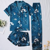 Resim Günlük Kadın Pijama ve Ev Giyimi Takımı, Mavi Çiçek Desenli, Dört Mevsim Rahat Uyku Kıyafeti ve Ev Kıyafeti 