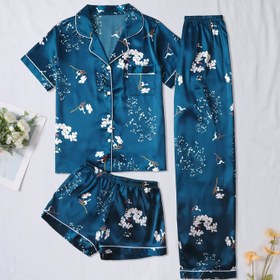 Resim Günlük Kadın Pijama ve Ev Giyimi Takımı, Mavi Çiçek Desenli, Dört Mevsim Rahat Uyku Kıyafeti ve Ev Kıyafeti 