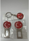 Resim Türk Bayraklı Emniyet Kemeri İkaz Ses Susturucu Metal Toka 1 Çift + Anahtarlık 