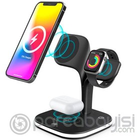 Resim Ally 5in1 iPhone 15-14-13-12 Apple Watch Tutucu Kablosuz Şarj İstasyonu Hızlı Şarj Standı LED Işıklı 