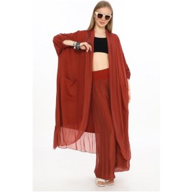 Resim Bohem Stil Itayan Ipek Detaylı Oversize Kaftan- Pantolon Takım-9214 Bordo 
