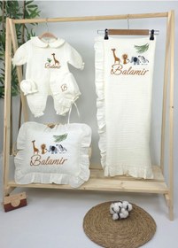 Resim Gros Shop Müslin Yeni Doğan 4katlı Organik %100pamuk Kişiye Özgü Nakışlı Hastane Çıkış Seti-safari Model Ekru-1 