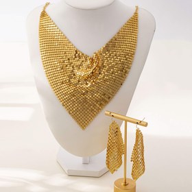 Resim 3 Parça Altın Sarı Yazlık Üçgen Eşarp, Pullu Şal, Abartılı Yaka Zincirli Kolye ve Küpe Seti 