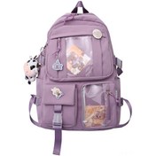 Resim Folinda Kadınlar İçin Mor Çift Çantılı Okul Çantası, İnek Desenli Ve Rozetli, Yumuşak Kumaş, Dayanıklı, Lise-üniversite Öğrencileri İçin Çok Renkli 