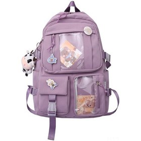 Resim Folinda Kadınlar İçin Mor Çift Çantılı Okul Çantası, İnek Desenli Ve Rozetli, Yumuşak Kumaş, Dayanıklı, Lise-üniversite Öğrencileri İçin Çok Renkli 
