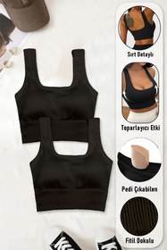 Resim SHİBA Kadın Pamuklu Kalın Askılı Crop Pedli Spor Sütyeni Yarım Atlet Bluz Büstiyer Shb059240 