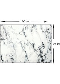 Resim Decorita 3'lü Takım Beyaz Mermer Görünümlü | Cam Ocak Arkası - Cam Kesme Tahtası- Tablası - Bardak Altlığı 