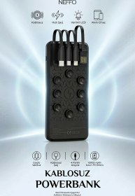 Resim Powerbank 12.000 Mah Wireless Standlı Vantuzlu Dahili Çoklu Kablo 4in1 Kablolu Ve Kablosuz Siyah 