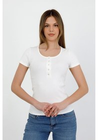 Resim Hdm Kadın Esnek Fitilli Yakası Çıtçıtlı Ekru Kısa Kol Basic Örme Bluz - H5993 