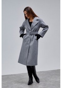Resim Gri Premium Oversize Kemerli Kaşe Kaban Gri 