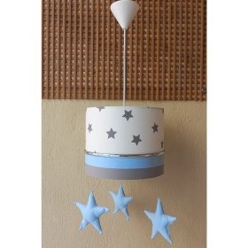 Resim Beyaz Gri Mavi Yıldızlı Sarkıtlı Kumaş Kaplama Çocuk Odası Genç ve Bebek Odası Avize Aydınlatması Sarkıt 