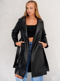 Resim İLKCET MODA Kuşaklı Düğmesiz Suni Deri Uzun Trençkot 