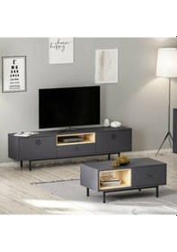 Resim Tv Sehpası Doğal Antrasit Ve Orta Sehpa Set 