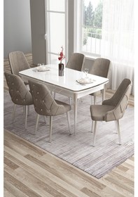 Resim Canisa Tia Serisi 80x132 Açılabilir Mdf Beyaz Krom Detay Mutfak Masası Takımı Ve 6 Cappucino Sandalye Masa Beyaz Sandalye Cappucino 