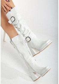 Resim Janelle Beyaz Cilt Körüklü Küt Burun Kadın Topuklu Platform Çizme Resimdeki Renk 