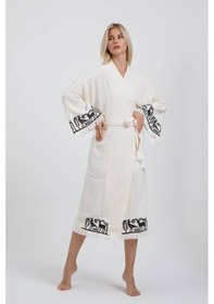 Resim Hitit Müslin Kimono Pamuklu Lotus Baskılı Desenli Bornoz Kaftan Sabahlık Ekru 