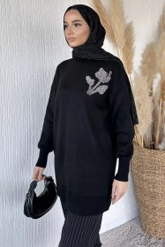 Resim Gülseli Taş İşlemeli Tesettür Triko Tunik Siyah TZL-P-00020359 