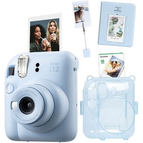Resim Fujifilm Instax Mini 12 Fotoğraf Makinesi 10'lu Film Kıskaçlı Stand PVC Albüm ve Simli Pleksi Kılıf Seti Lila 