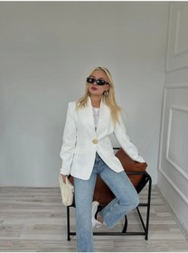 Resim Kadın Gold Düğmeli Hakim Yaka Blazer Ceket Beyaz Beyaz 