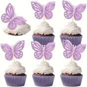 Resim 24 Adet Mor Simli Kelebek Cupcake Süsleri | Dantel Detaylı Çift Katmanlı Ahşap Tasarım | Düğünler, Bebek Duşları ve Doğum Günleri için Çok Amaçlı Dekorasyon | Şık Pasta ve Cupcake Seçenekleri, Kek Süslemeleri 