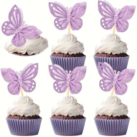 Resim 24 Adet Mor Simli Kelebek Cupcake Süsleri | Dantel Detaylı Çift Katmanlı Ahşap Tasarım | Düğünler, Bebek Duşları ve Doğum Günleri için Çok Amaçlı Dekorasyon | Şık Pasta ve Cupcake Seçenekleri, Kek Süslemeleri 