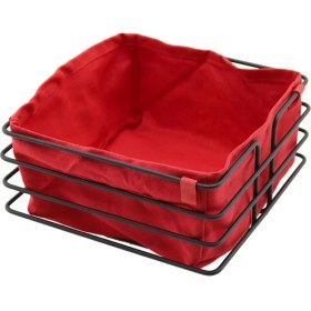 Resim KSB Store Kare Siyah Metal Kırmızı Bezli Ekmek Sepeti 20X21CM Derinlik 10.5cm 