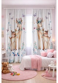 Resim Bebek Çocuk Odası Çift Kanatlı Fon Perde Anne Yavru Geyik Desenli 