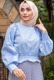 Resim Feiza Collection Balon Kol Ekose Bluz - Bebe Mavisi 