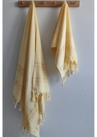 Resim %100 Pamuk Peştemal Saç Havlusu Takımı-plaj Havlusu Seti Sarı 