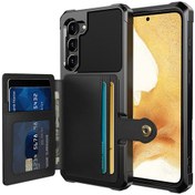 Resim Samsung Galaxy S23zm03 Kickstand Kart Tutucu Telefon Kılıfı, Pu Deri Kaplamalı Tpu Koruyucu Kapak Manyetik Araç Montajına Uygun 