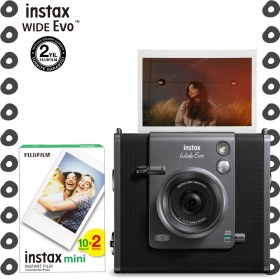 Resim Instax Wide Evo Siyah Şipşak Anında Baskı Hybrid Fotoğraf Makinesi ve 20'li Film 
