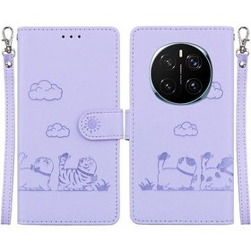 Resim Honor Magic7 Pro İçin Flip Kılıf Deri Cüzdan Kartlık Tutucu Kickstand Kedi Rfıd 
