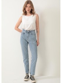 Resim Yüksek Bel Mom Jean %100 Pamuk Denim Pantolon Mavi Mavi 