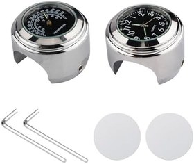 Resim Evrensel Motosiklet Gidon Saati Bisiklet Termometresi Motosikletler Bisikletler için Su Geçirmez Yedek 22mm-25.4mm7/8''- 1'' Gidon Gümüş Kabuk Siyah Kadran Saat + Termometre 