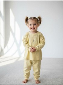 Resim Kız Çocuk Çiçek Desenli Pamuklu Yumuşak Dokulu Pijama Takımı-16842 Sarı 