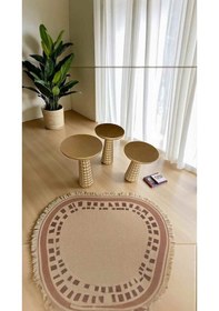 Resim Dekoratif 3 Lü Ahşap Mantar Yan Sehpa Takımı Altın Varak Renk Bej 