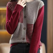 Resim Kadınlar İçin Şık Kazak - Kırmızı ve Gri Renk Bloklu Düğmeli Ön, Ofis, Parti ve Günlük Kullanım için Her Mevsim Moda Kazak, Dayanıklı Kumaş 