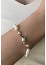 Resim 6,5 Mm Yaprak Taşlı Doğal İncili Bileklik 21 Cm / Beyaz Beyaz Beyaz Altın 