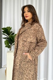 Resim Mine Tan Butik Leopar Desenli Kruvaze Astarlı Kadın Uzun Trençkot 