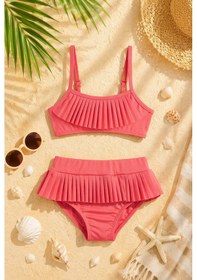 Resim Beniizle Fırfırlı Kız Çocuk Bikini Takımı Nar Çiçeği 