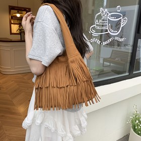 Resim Kadınlar için Büyük Kapasiteli Ponponlu Tote Çanta - Retro Boho El Đığı, Şık Kahverengi-Siyah, İş, Sey 