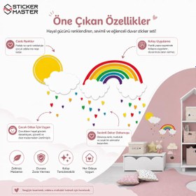 Resim Gökkuşağı, Bulut ve Kalp Çocuk Odası Duvar Stickeri - 40 inch / 102 cm / Sarı 