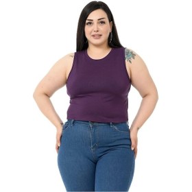 Resim Büyük Beden Bisiklet Yaka Kolsuz Crop Viskon Mürdüm Body-mürdüm Mürdüm 