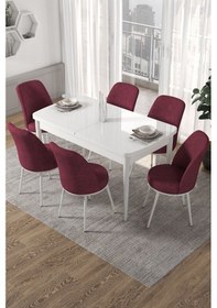 Resim Canisa Kor Serisi 70x114 Açılabilir Mutfak Masası Takımı Beyaz Masa 6 Bordo Sandalye Masa Beyaz Sandalyeler Bordo 