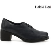 Resim GÖNDERİ(R) Kadın / Kız Lacivert Antik Bağcıklı Orta Kalın Topuklu Hakiki Deri Oxford Ayakkabı 
