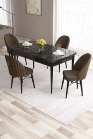 Resim Canisa Roz Serisi,80x132 Mdf Açılabilir Siyah Mermer Desen Yemek Masası 4 Kahve Sandalye Gold Halkalı 