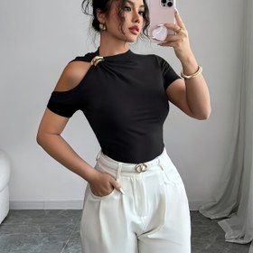 Resim Kadınlar İçin Slim Fit Kısa Kollu Ön Bağcıklı ve Metal Toka Detaylı Moda Üst 