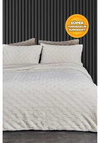 Resim Kürk Yatak Örtüsü Yorgan Uyku Seti Çift Kişilik Çarşaflı Peluş Yumuşak Dolgulu Rody 4 Parça Krem 