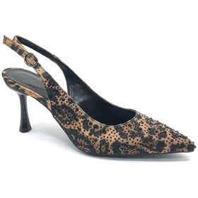 Resim Feles Taş Detaylı Arkası Açık Stiletto Kadın Topuklu Ayakkabı Leopar 