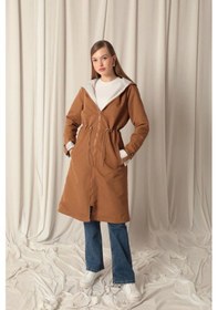 Resim Saklımoda Torino Kumaş Çizgili Garnili Kapüşonlu Kadın Camel Yağmurluk Çok Renkli 